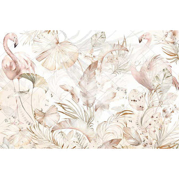Rice paper featuring soft pink watercolors of flamingos and tropical plants.
