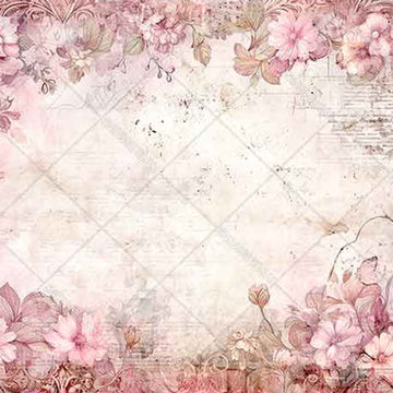 Close-up of a rice paper featuring soft pink flowers framing a light vintage document.