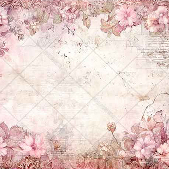 Close-up of a rice paper featuring soft pink flowers framing a light vintage document.