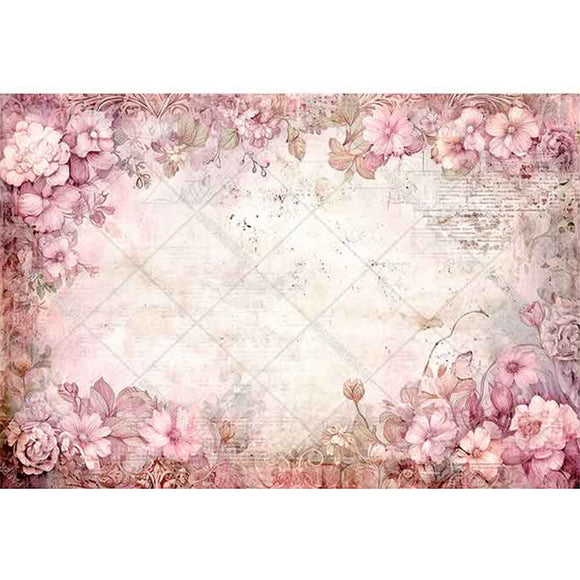 Rice paper featuring soft pink flowers framing a light vintage document.
