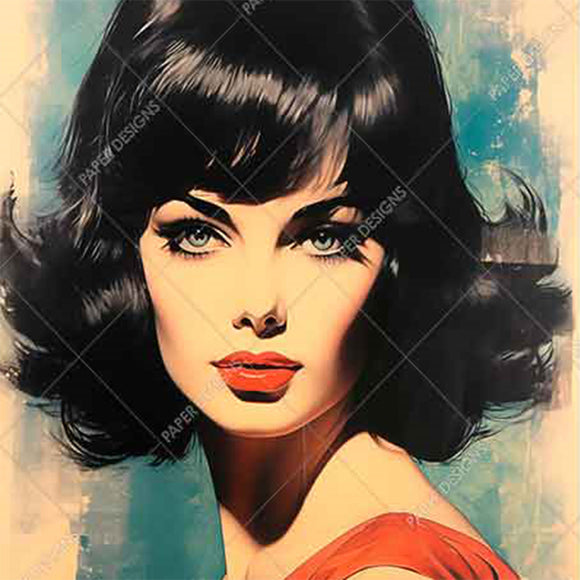 Close-up of a rice paper featuring a dark-haired brunette 60's woman in a red dress against a blue background.