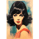 Rice paper featuring a dark-haired brunette 60's woman in a red dress against a blue background.