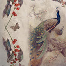 Close-up of a rice paper featuring a pair of stylish peacocks perched on a blooming branch with butterflies and red berry branches.
