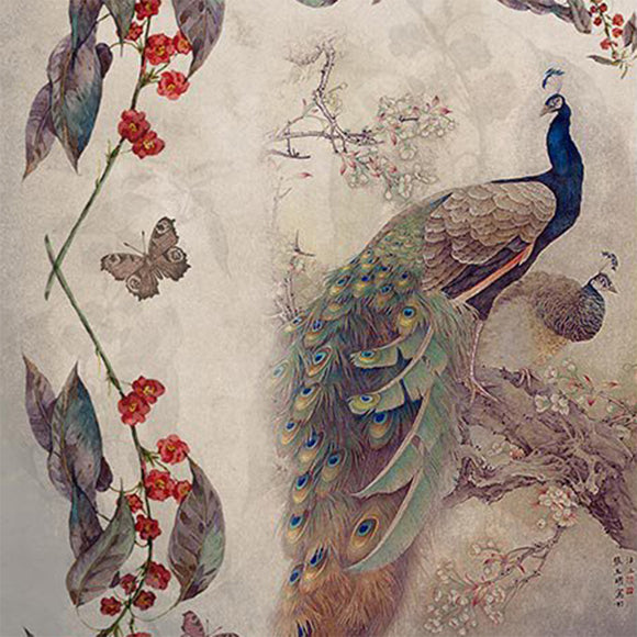 Close-up of a rice paper featuring a pair of stylish peacocks perched on a blooming branch with butterflies and red berry branches.