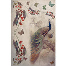Rice paper featuring a pair of stylish peacocks perched on a blooming branch with butterflies and red berry branches.