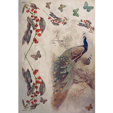 Rice paper featuring a pair of stylish peacocks perched on a blooming branch with butterflies and red berry branches.