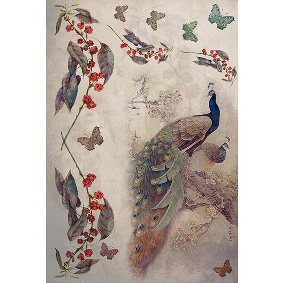 Rice paper featuring a pair of stylish peacocks perched on a blooming branch with butterflies and red berry branches.
