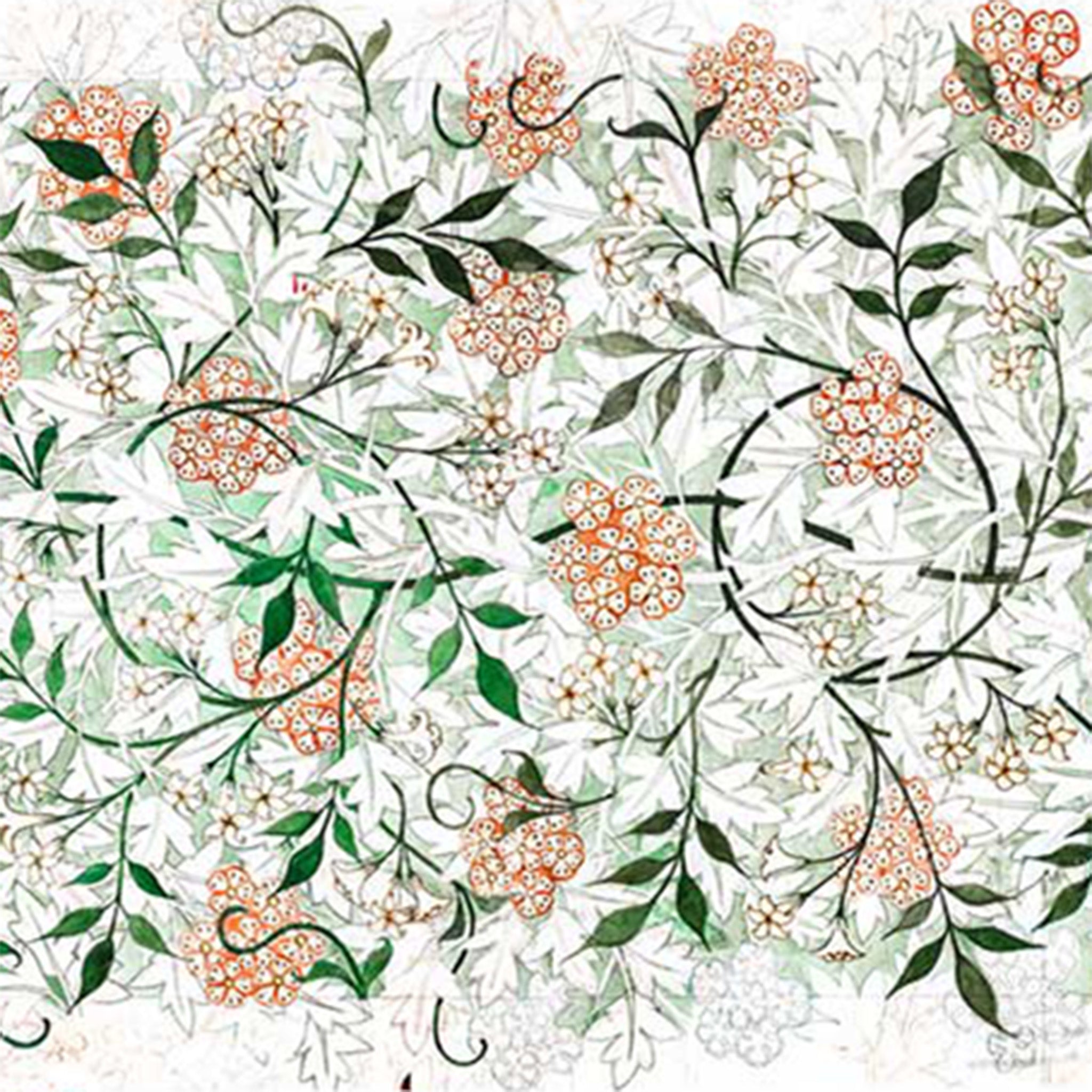 Close-up of a rice paper design that features a soft green and peach floral vining pattern. 