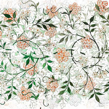Floral pattern with orange flowers and green leaves on a white background