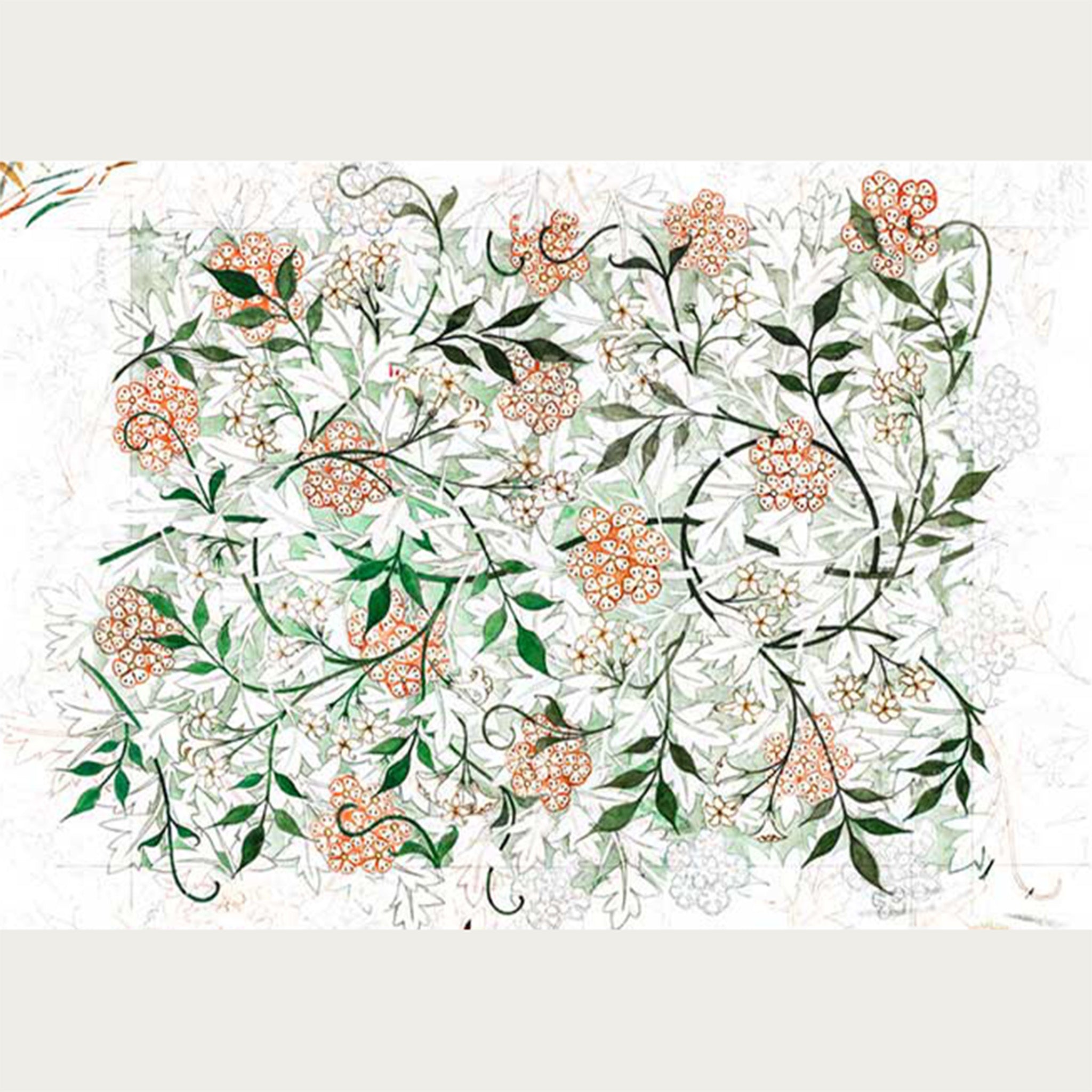 Rice paper design that features a soft green and peach floral vining pattern. Light beige borders are on the top and bottom.