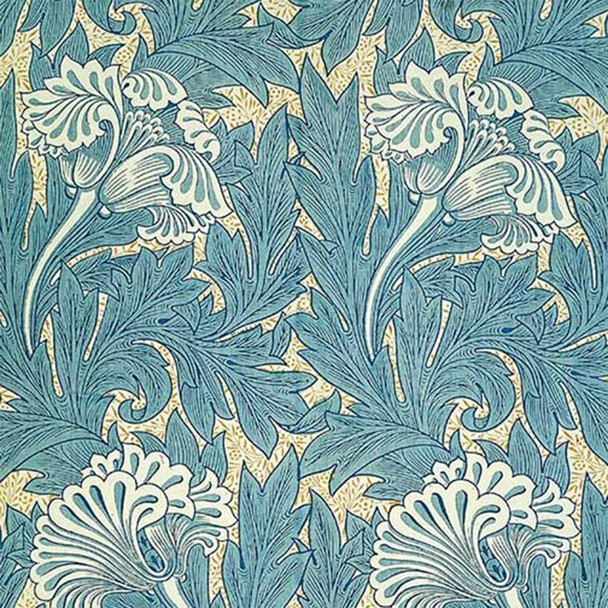 Close-up of a rice paper design featuring a unique teal and cream floral wallpaper print.