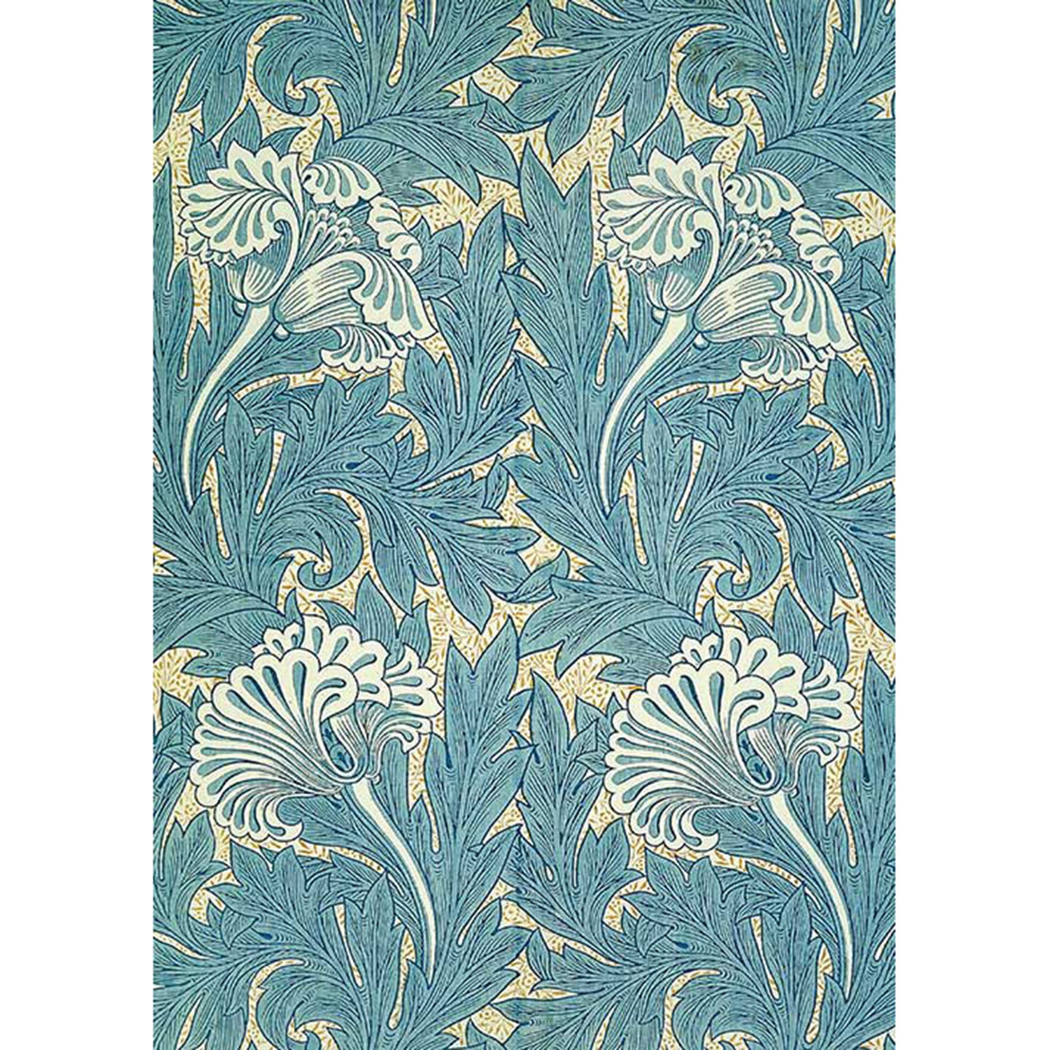 Rice paper design featuring a unique teal and cream floral wallpaper print. White borders are on the sides.