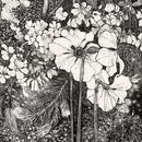 Close-up of a rice paper featuring a beautiful black and white drawing of flowers and foliage.