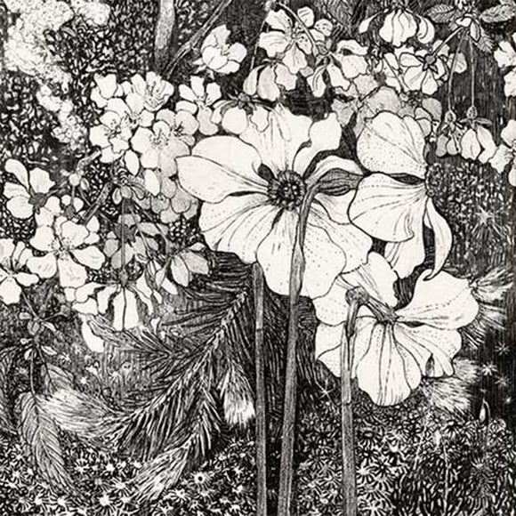 Close-up of a rice paper featuring a beautiful black and white drawing of flowers and foliage.