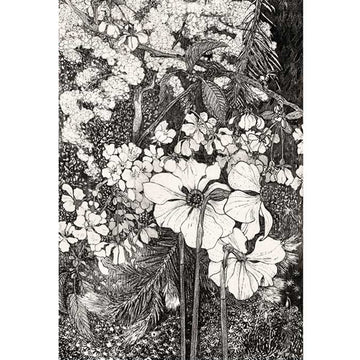 Rice paper featuring a beautiful black and white drawing of flowers and foliage.
