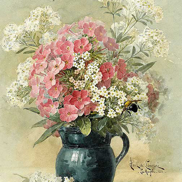 Close-up of a rice paper featuring a vintage design of pink and white flowers in a vase with buzzing bees.