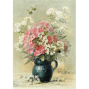 Rice paper featuring a vintage design of pink and white flowers in a vase with buzzing bees.