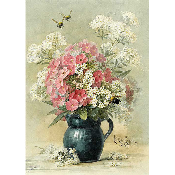 Rice paper featuring a vintage design of pink and white flowers in a vase with buzzing bees.