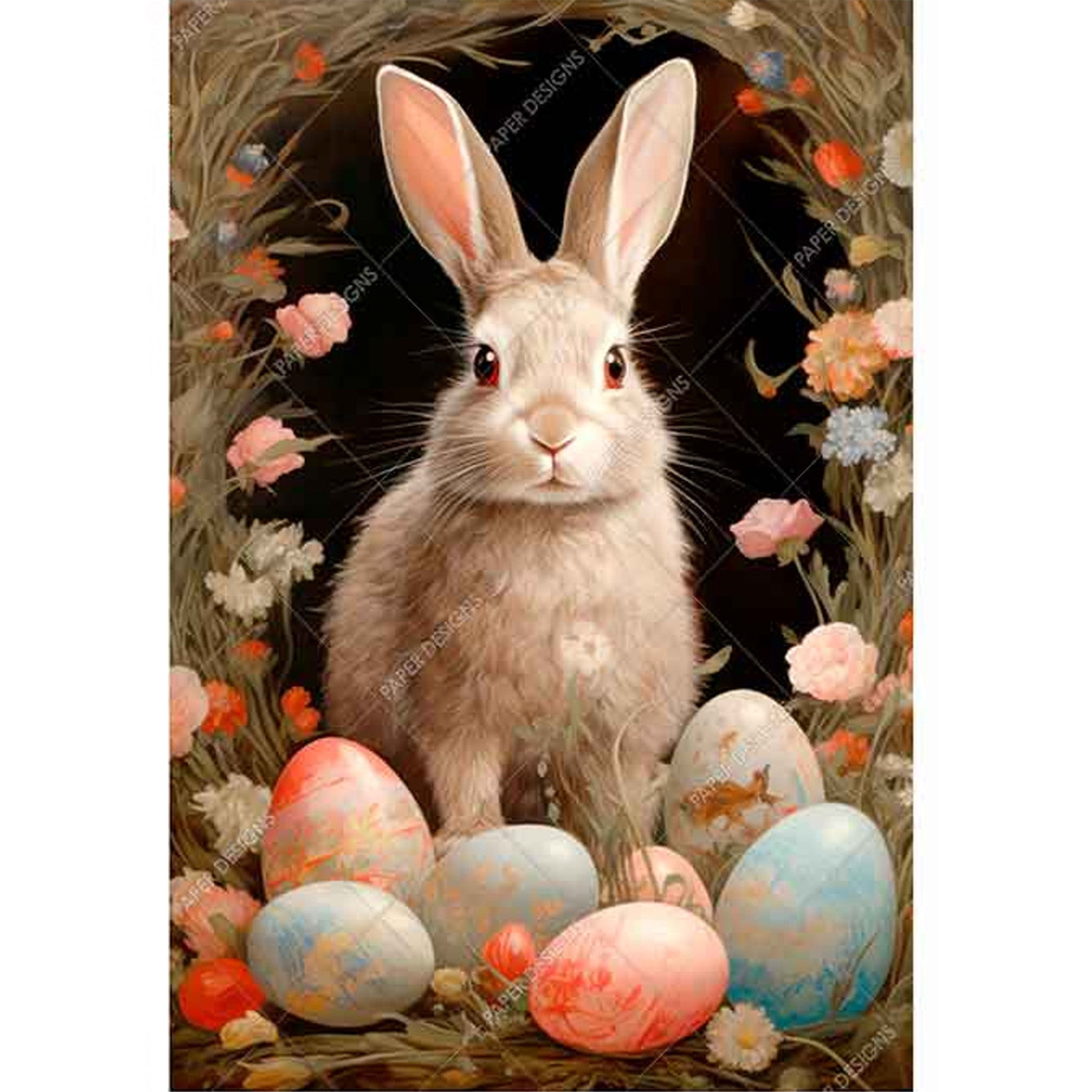 Rice paper design featuring a light brown bunny sitting in front of a grassy rabbit hole with colorful Easter eggs and little flowers. White borders are on the sides.