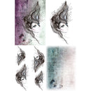 Rice paper featuring four stunning pen designs of a women with flowing hair and captivating backdrops of fluttering butterflies. 