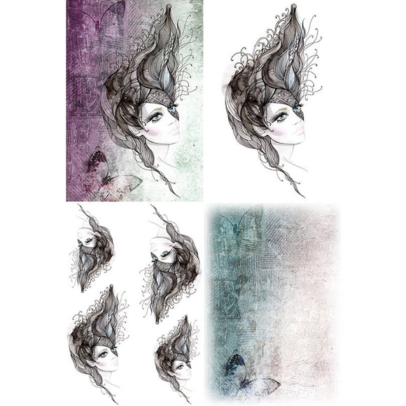 Rice paper featuring four stunning pen designs of a women with flowing hair and captivating backdrops of fluttering butterflies. 