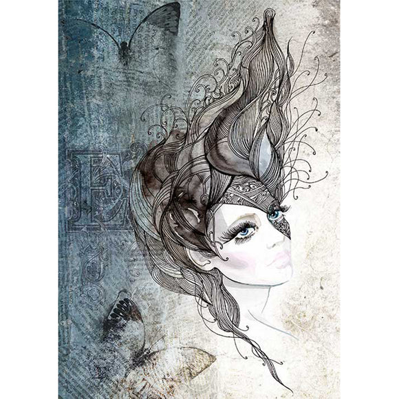 Rice paper design featuring a sketch of a woman in a mask and beautiful butterflies on a collage of vintage print background. White borders are on the sides.