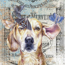 Close-up of a rice paper featuring a playful pup surrounded by fluttering butterflies on a vintage document with French script. 
