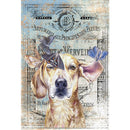 Rice paper featuring a playful pup surrounded by fluttering butterflies on a vintage document with French script. 