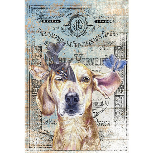 Rice paper featuring a playful pup surrounded by fluttering butterflies on a vintage document with French script. 