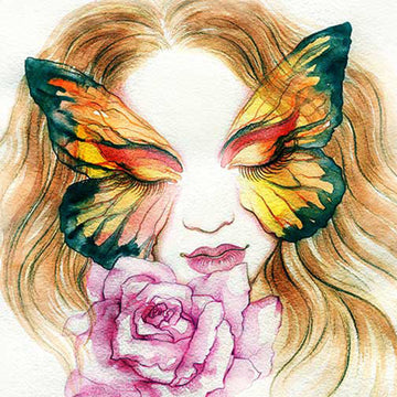 Close-up of a rice paper design that features a colorful sketch of a woman with butterfly wings over her eyes smelling a pink rose.