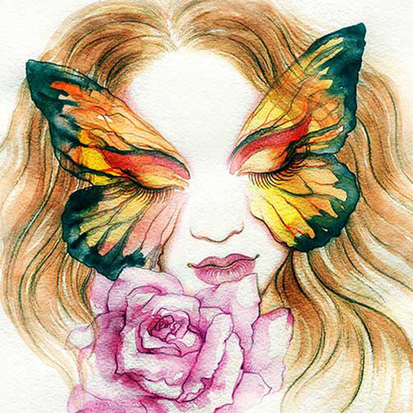 Close-up of a rice paper design that features a colorful sketch of a woman with butterfly wings over her eyes smelling a pink rose.