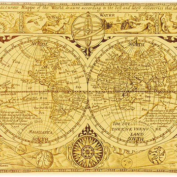 Vintage world map with decorative elements and text