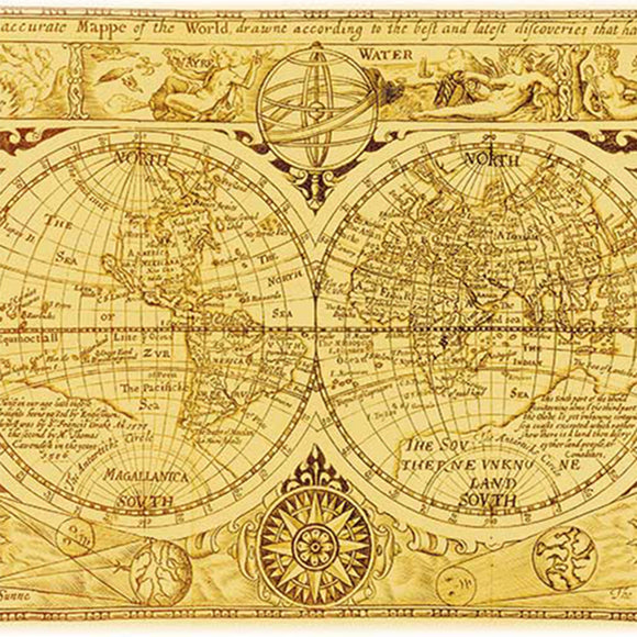 Vintage world map with decorative elements and text