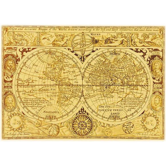 Vintage-style world map with decorative elements on a white background