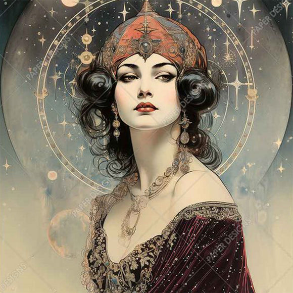 Close-up of a rice paper featuring a woman in red crown and plum dress seated beneath celestial symbols.