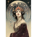 Rice paper featuring a woman in red crown and plum dress seated beneath celestial symbols.