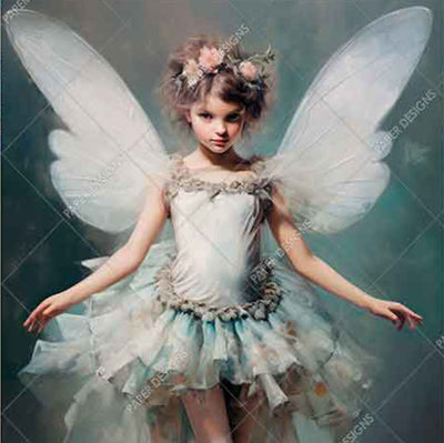 Young girl in a fairy costume with large wings against a dark background