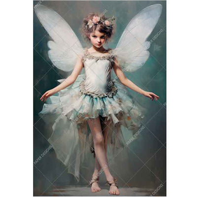 Child in a fairy costume with wings against a dark background