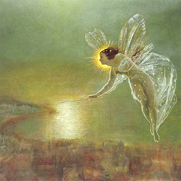 Close-up of a rice paper featuring a green night scene of a fairy with sheer wings and dress flying over a watercolor cityscape.