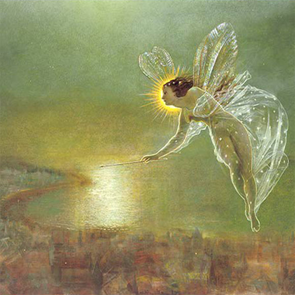 Close-up of a rice paper featuring a green night scene of a fairy with sheer wings and dress flying over a watercolor cityscape.