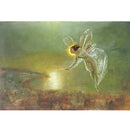 Rice paper featuring a green night scene of a fairy with sheer wings and dress flying over a watercolor cityscape.