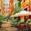 Close-up of a rice paper featuring an idyllic Italian street scene and a quaint bicycle at a street vendor. 
