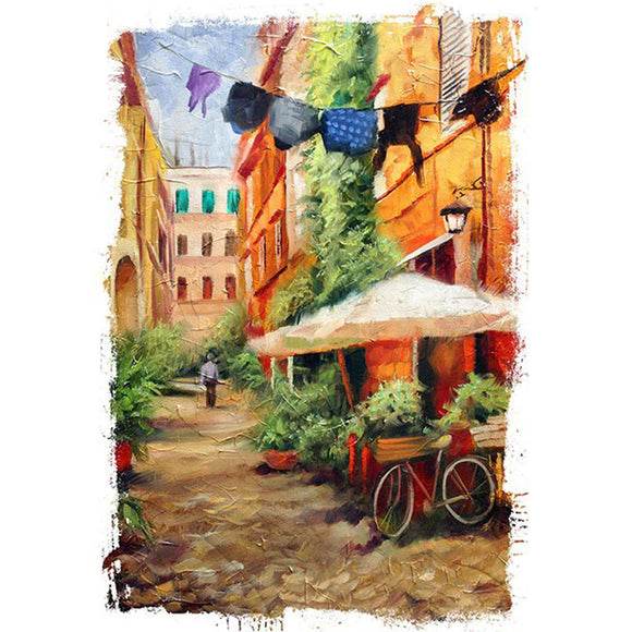 Rice paper featuring an idyllic Italian street scene and a quaint bicycle at a street vendor. 