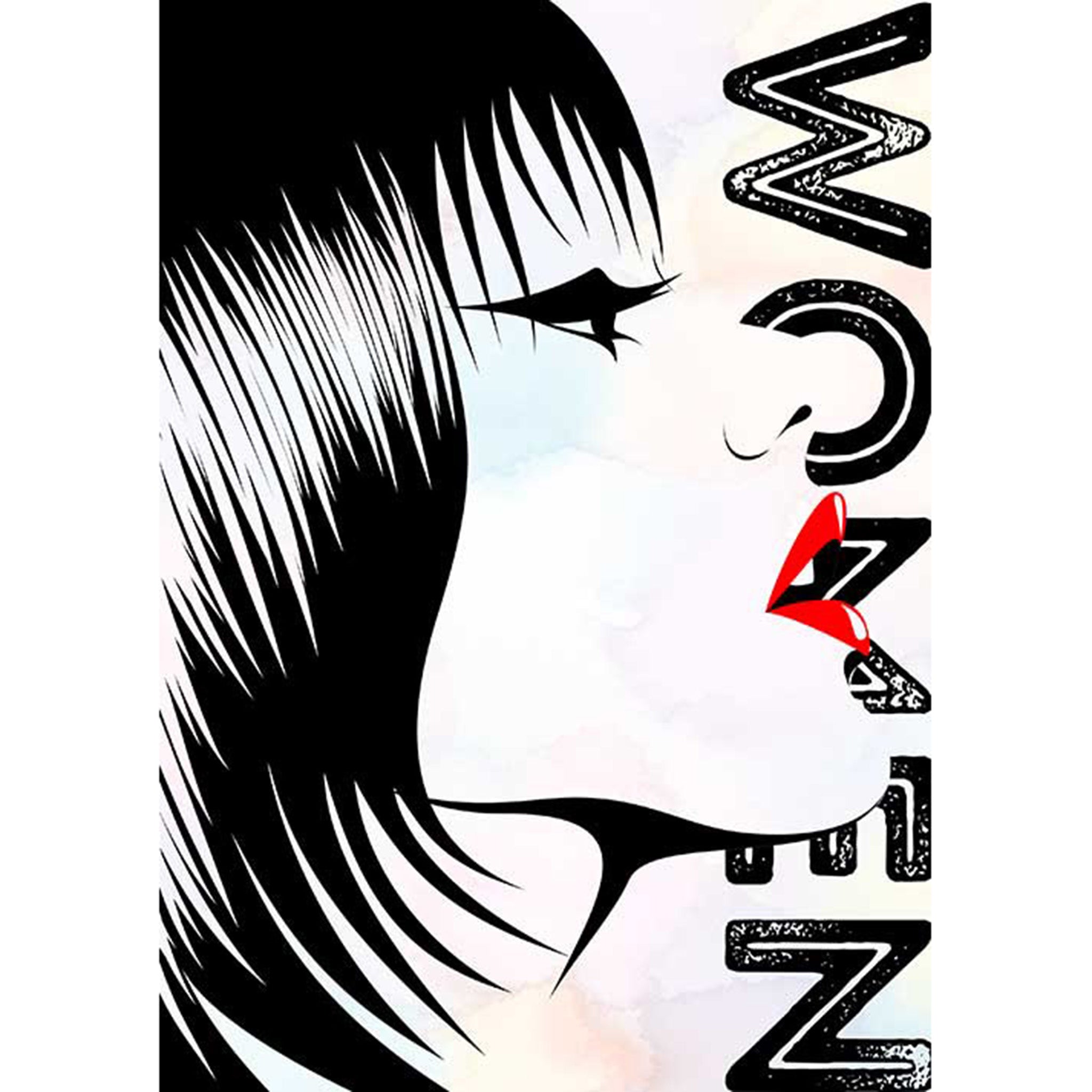 Rice paper design features a bold pop culture image of a woman with bright red lipstick in front of the word WOMEN. White borders are on the sides.