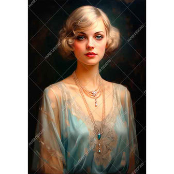 Rice paper design featuring a smartly dressed woman against a black backdrop. White borders are on the sides.