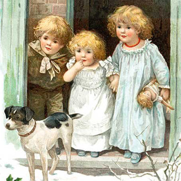Close-up of a rice paper featuring three excited children and their dog gaze in awe at their holiday surprises outside, with "Merry Christmas" playfully written below with Christmas holly. 
