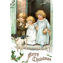 Rice paper featuring three excited children and their dog gaze in awe at their holiday surprises outside, with "Merry Christmas" playfully written below with Christmas holly. 