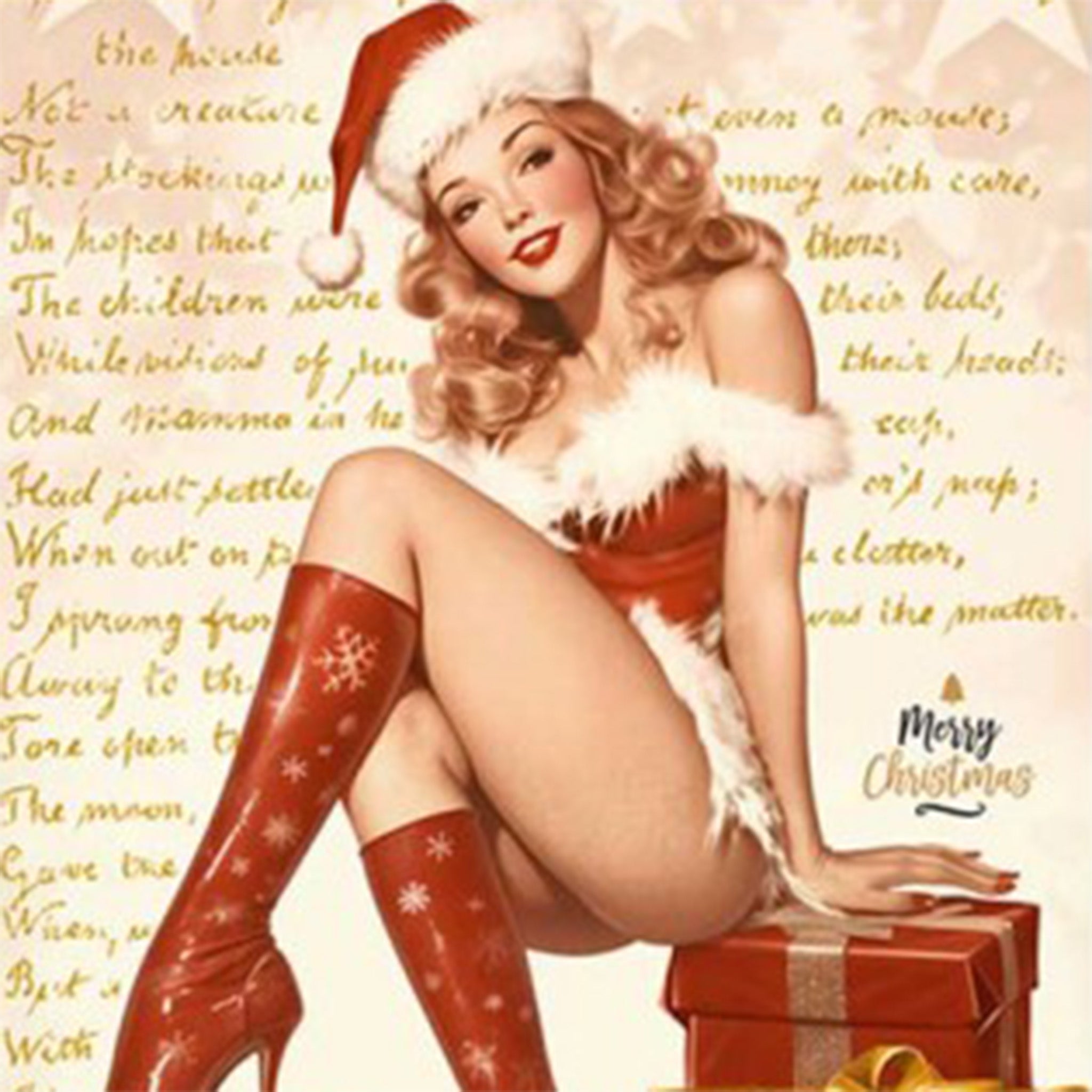 Close-up of a rice paper featuring a woman sitting on gifts sporting knee-high red boots, and a Santa-inspired leotard and hat against a vintage script background of 'Twas the Night Before Christmas. 