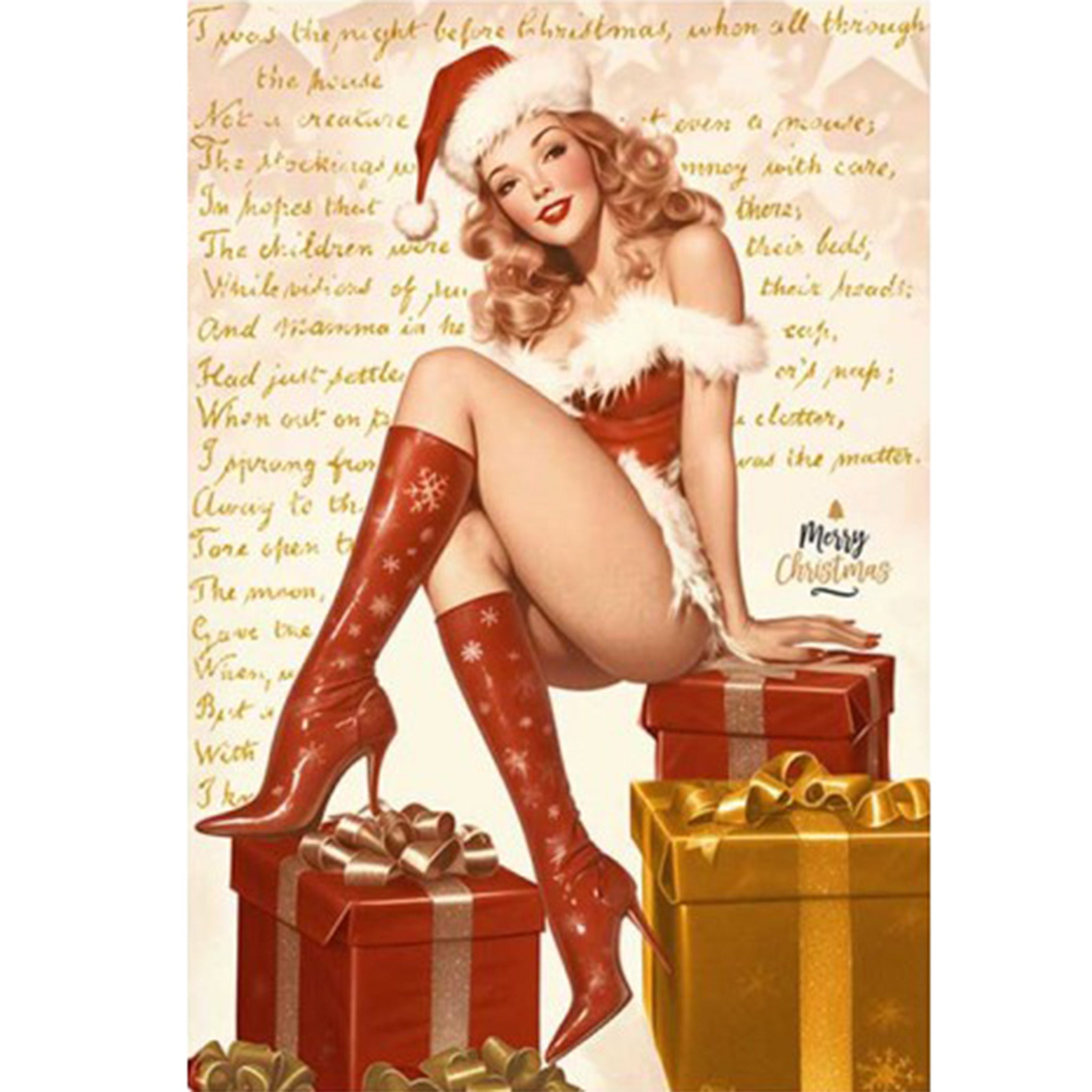 Rice paper featuring a woman sitting on gifts sporting knee-high red boots, and a Santa-inspired leotard and hat against a vintage script background of 'Twas the Night Before Christmas. White borders are on the sides.