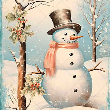 Close-up of a rice paper featuring a snowy scene of a snowman in a top hat next to a holly tree as snow gently falls.